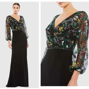 New MAC DUGGAL Black Embroidered Illusion Puff Sleeve Gown #79379 sz: 18